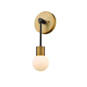 1-Light Matte Black and Foundry Brass Wall Sconce with Opal Glass Shade