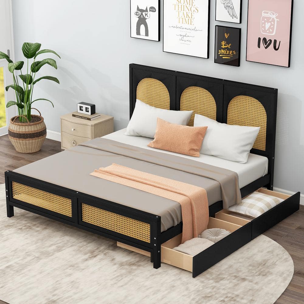 Harper & Bright Designs Rustic Style Black Wood Frame Queen Size Platform Bed with 2-Drawer, Rattan Headboard and Footboard