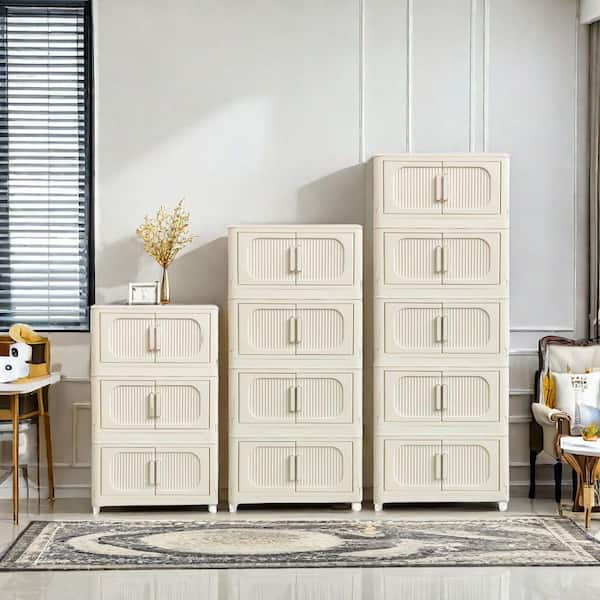 Cream White 50 in. H 5 Tiers Folding Collapsible Storage Cabinet with Magnetic Door, Plastic Storage Cabinet with Wheels