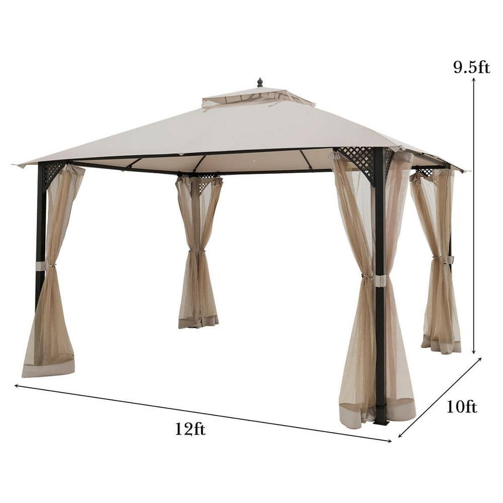 Beige 12' x 10' Steel Frame Patio Gazebo with Netting