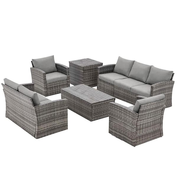 Sudzendf Grey 7-Piece Wicker Patio Conversation Set with Grey Cushions and Two Storage Boxes for Garden, Deck