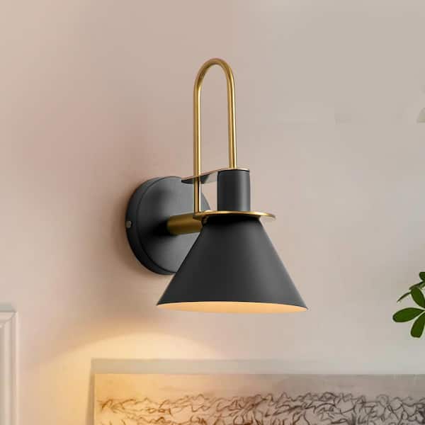 NIMBUS 1-Light 7.08 in. W Brass Industrial Farmhouse Wall Sconce Cone Down Lighting with Black Barn Shade for Bedside