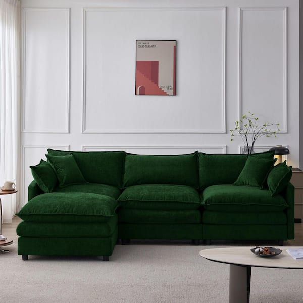 Weyric Modern 105 in. Chenille Upholstered L-Shape 3-Seats Modular Sectional Sofa in Green with Ottoman, Pillows