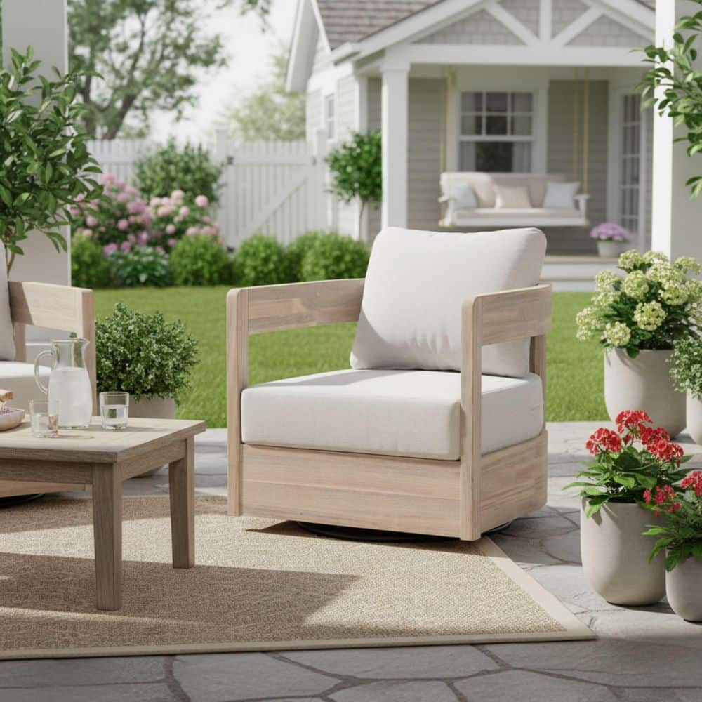 Light White Finish and Beige Solid Acacia Wood Outdoor Swivel Club Chair with Beige Cushion price history on PriceWatchPro