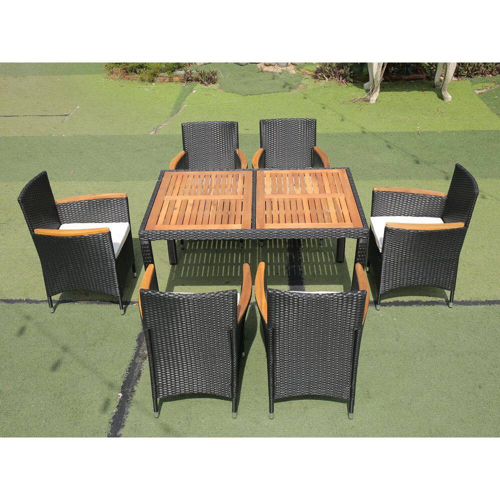 7-Piece Wicker Outdoor Dining Set with White Cushions, Patio Furniture Set with Acacia Wood Table Top price history on PriceWatchPro