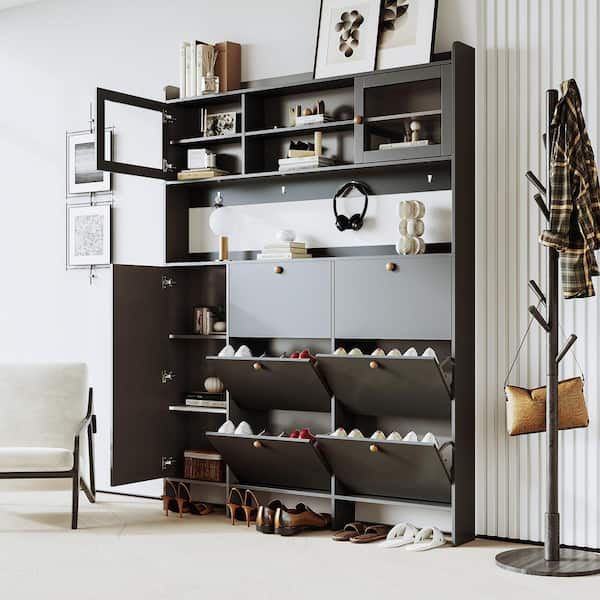 Harper & Bright Designs Black Hall Tree with 4-Metal Hooks, 6-Flip Shoe Racks, Tempered Glass Doors, Cabinet with 3 Adjustable Shelves