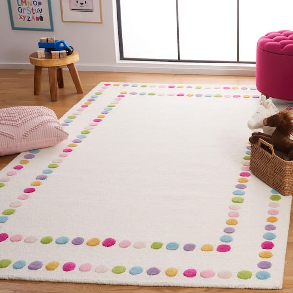 Kids 5 ft. x 8 ft. Ivory/Pink Polka-Dot Border Area Rug