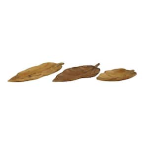 Brown Teak Wood Live Edge Leaf Decorative Tray (Set of 3)