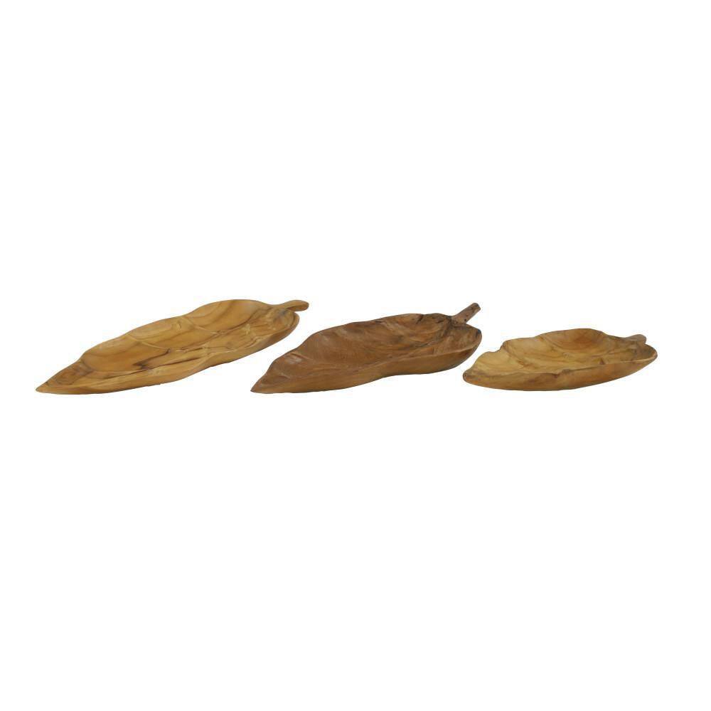Brown Teak Wood Live Edge Leaf Tray Set of 3