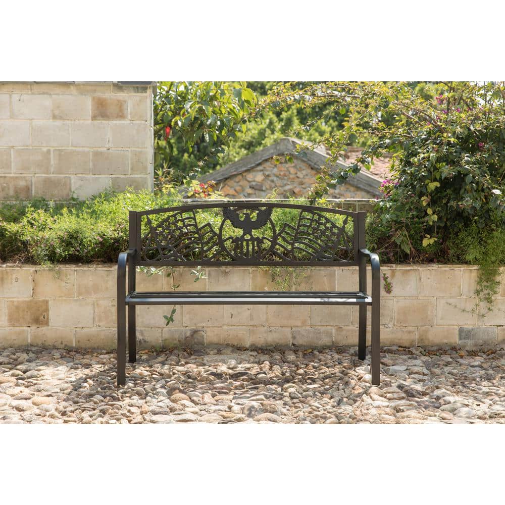 Black Steel Outdoor Patio Bench with Cast Iron American Flag Backrest