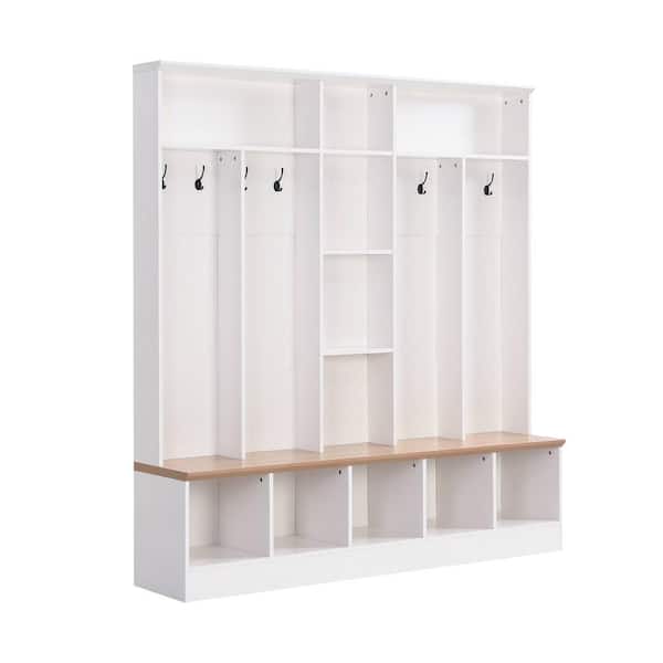 Wide Hall Tree with Storage Bench, Minimalist Shoe Cabinet with Cube Storage and Shelves and 8-Hooks, White