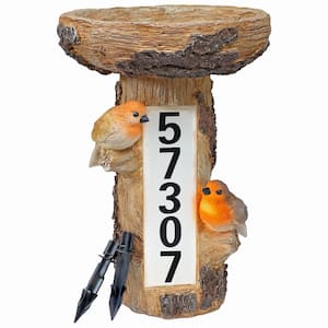 Staked Polyresin Birdbath with Solar LED Address Plaque