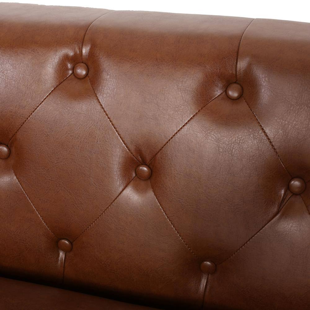 Cognac Brown Tufted Faux Leather 3-Seater Tuxedo Sofa with Wood Accents