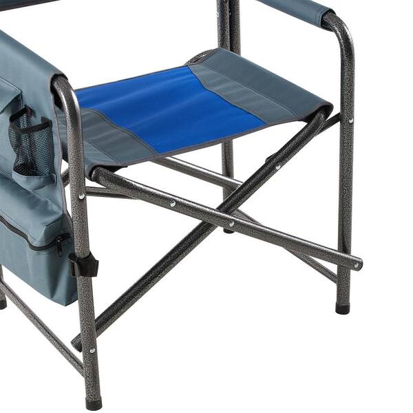Blue & Grey Metal Folding Lawn Chair with Storage Pockets