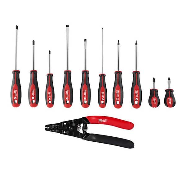 Milwaukee Screwdriver Set with 20-32 AWG Low Voltage Dipped Grip Wire Stripper and Cutter (11-Piece)