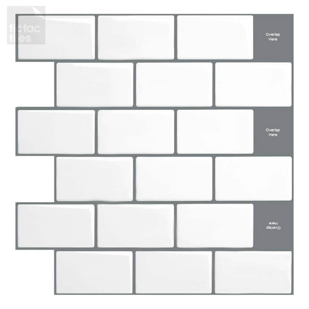 Tic Tac Tiles Subway Mono White 12 in. W x 12 in. H Peel and Stick