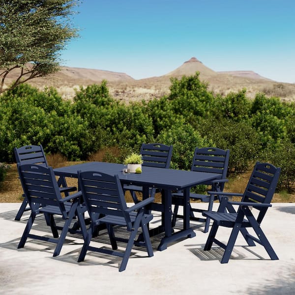 Laguna Outdoor All Weather HDPE Plastic 7-Piece Highback Folding Chairs, Rectangle Table Patio Dining Set, Navy Blue