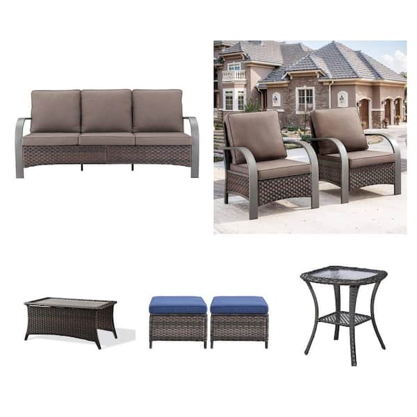 Iron Bend 3-Seat Sofa, 2-Pack Lounge Chair, Coffee Table, 2-Pack Ottoman and Side Table Combo