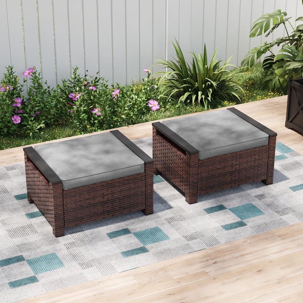 2-Piece Metal Outdoor Ottomans All-Weather Brown Wicker Solution-Dyed Fabric Gray Cushion price history on PriceWatchPro