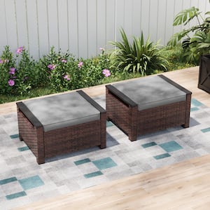 2-Piece Metal Outdoor Ottomans All-Weather Brown Wicker Solution-Dyed Fabric Gray Cushion