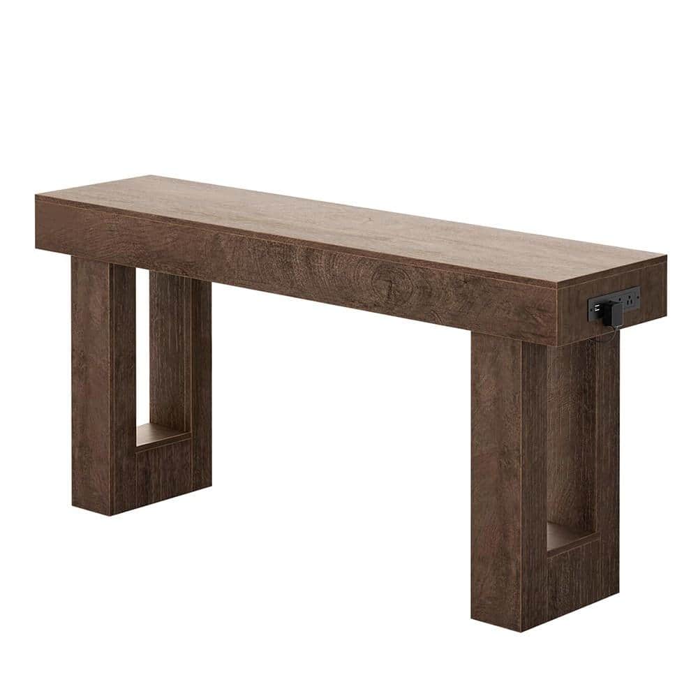 Farmhouse 63 in. Rustic Oak Narrow Console Table with Sensor Light, Outlets and Open Storage