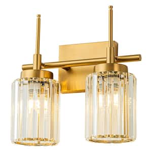 Orillia 12.2 in. 2-Light Modern Industrial Gold Bathroom Vanity Light with Crystal Cylinder Shades