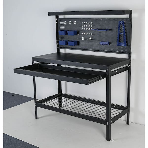 Huluwat 48 in. W x 22 in. D 1-Drawer Boltless Design Heavy Duty Steel Black Workbench Table with Metal Top, Shelf and Pegboard