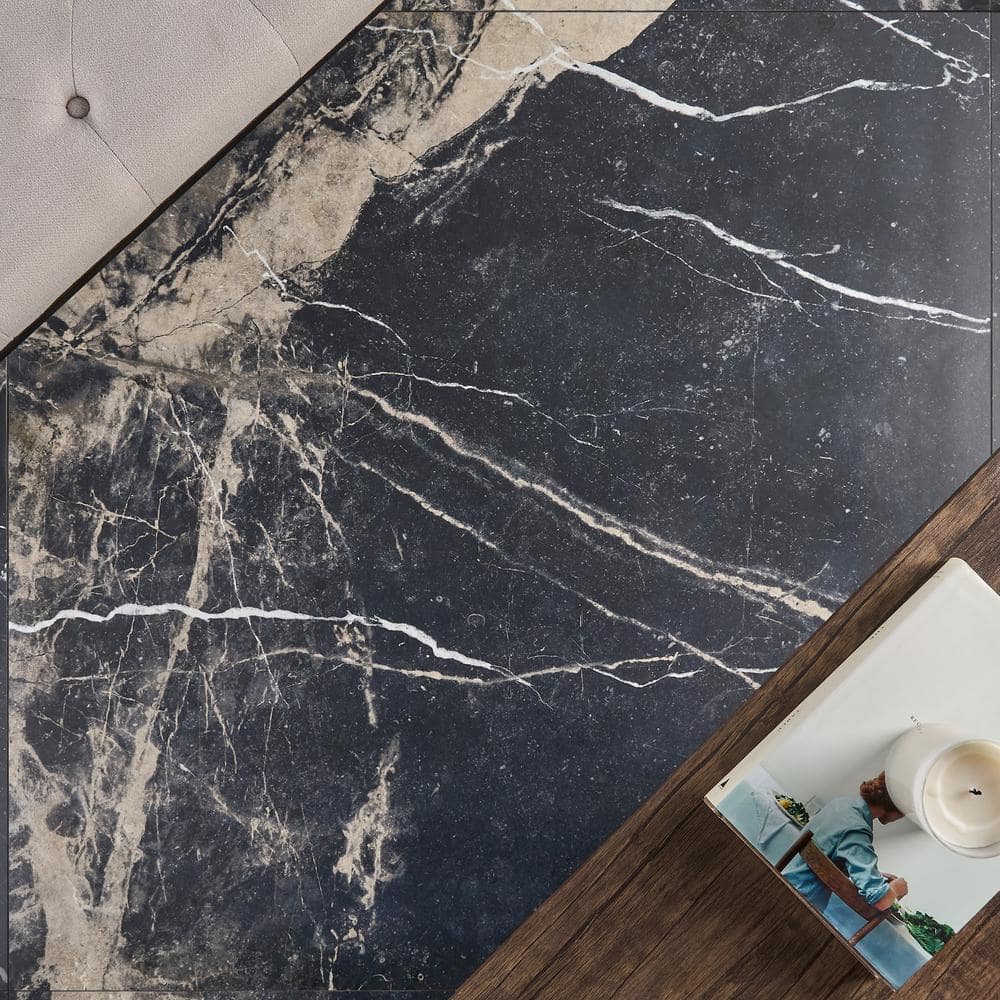 Large Black and Beige Marble Look Satin Porcelain Tile
