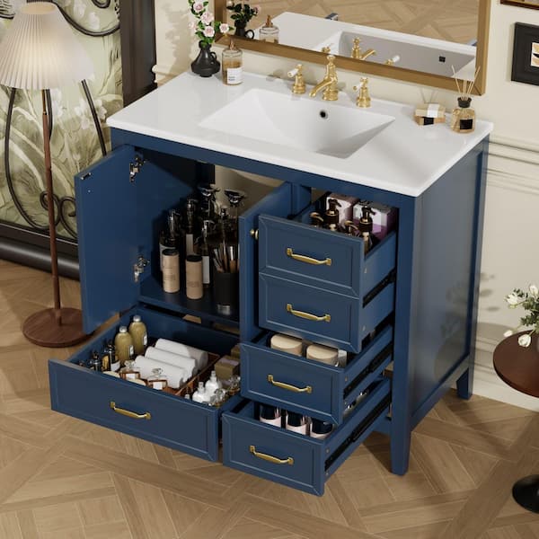 36 in. Freestanding Blue Bath Vanity with White Ceramic Top, 4 Drawer and 2 Door Bathroom Storage Cabinet Unassembled