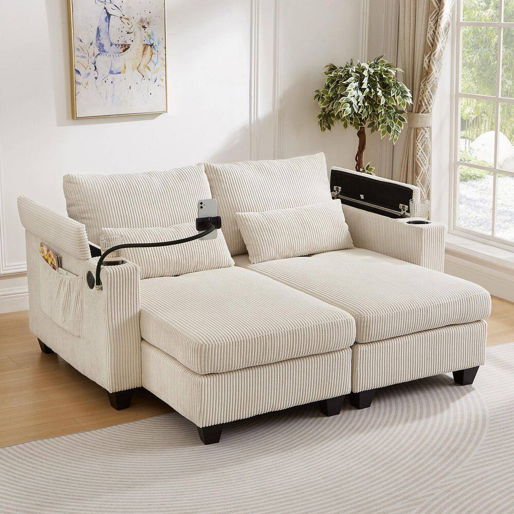 63 in. Corduroy 2-Seater Convertible Chaise Lounge Loveseat Sofa with USB Ports, 2 Cup Holders and Side Pocket in Beige price history on PriceWatchPro