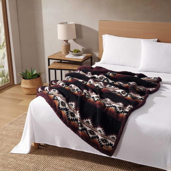 Mountain Fog 1-Piece Burgundy/Rust Brown Sherpa 50 in. x 70 in. Throw Blanket