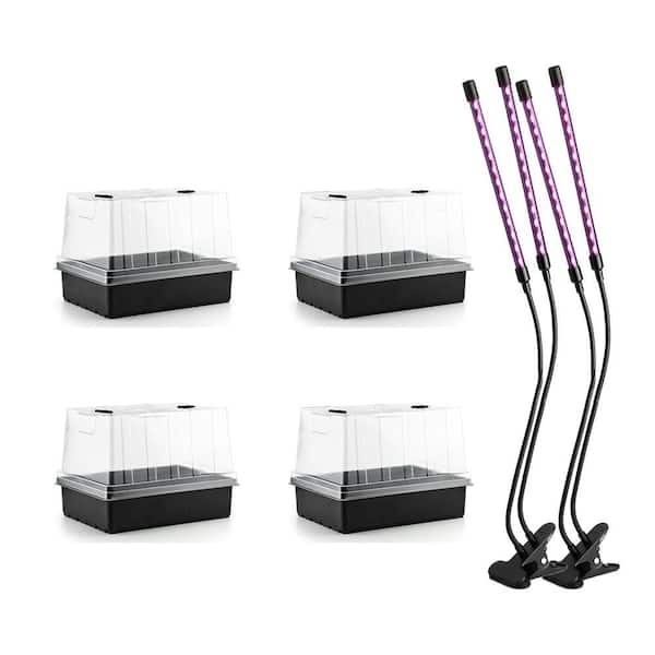 4-Pack Seed Starter Kit with 5 in. Domes, Full Spectrum LED, 2 Heat Mats and Germination Trays for Indoor Plants, Black