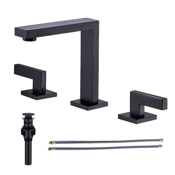 RAINLEX Square 8 in. Widespread 2-Handle Bathroom Faucet with Drain Kit Included and Water Supply Lines Included in Matte Black