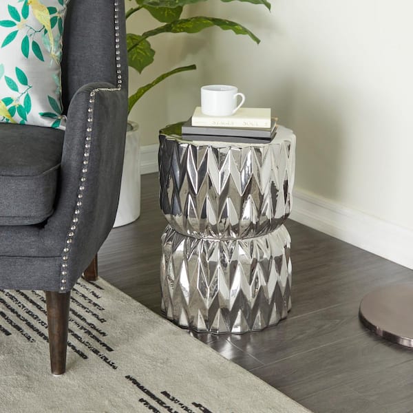 Litton Lane 13 in. Silver Medium Round Ceramic End Accent Table