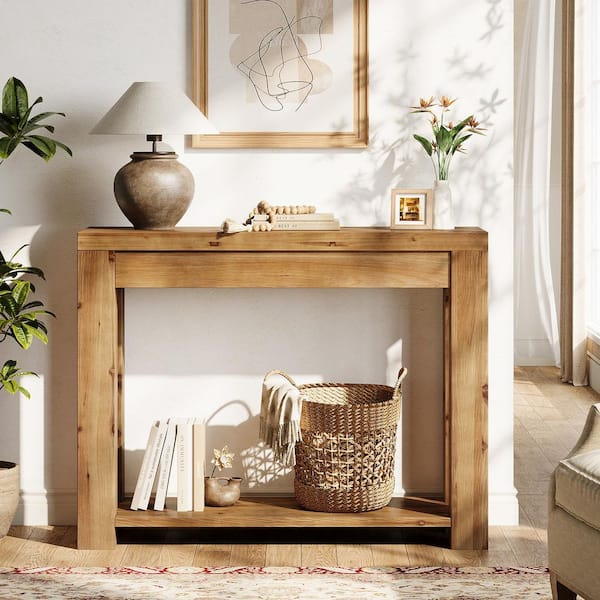 43 in. Brown Rectangle Solid Wood Console Table, Sofa Table with 2-Tier Storage for Entryway, Living Room
