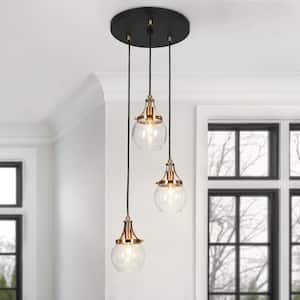 Transitional 3-Light Black and Brass Cluster Chandelier for Dining Room with Clear Globe Glass Shade