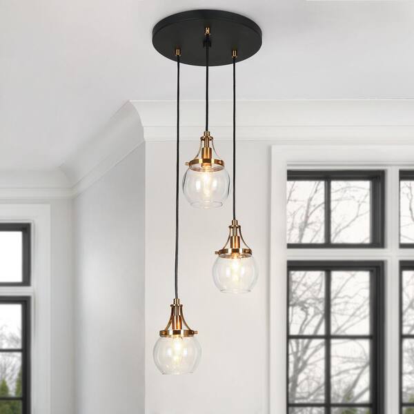 LNC Transitional 3-Light Black and Brass Cluster Chandelier for Dining Room with Clear Globe Glass Shade