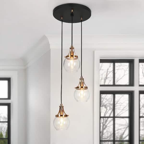 LNC Orbline Transitional 3-Light Black and Plated Brass Cluster Chandelier with Clear Globe Glass Shade Foyer Pendant Light