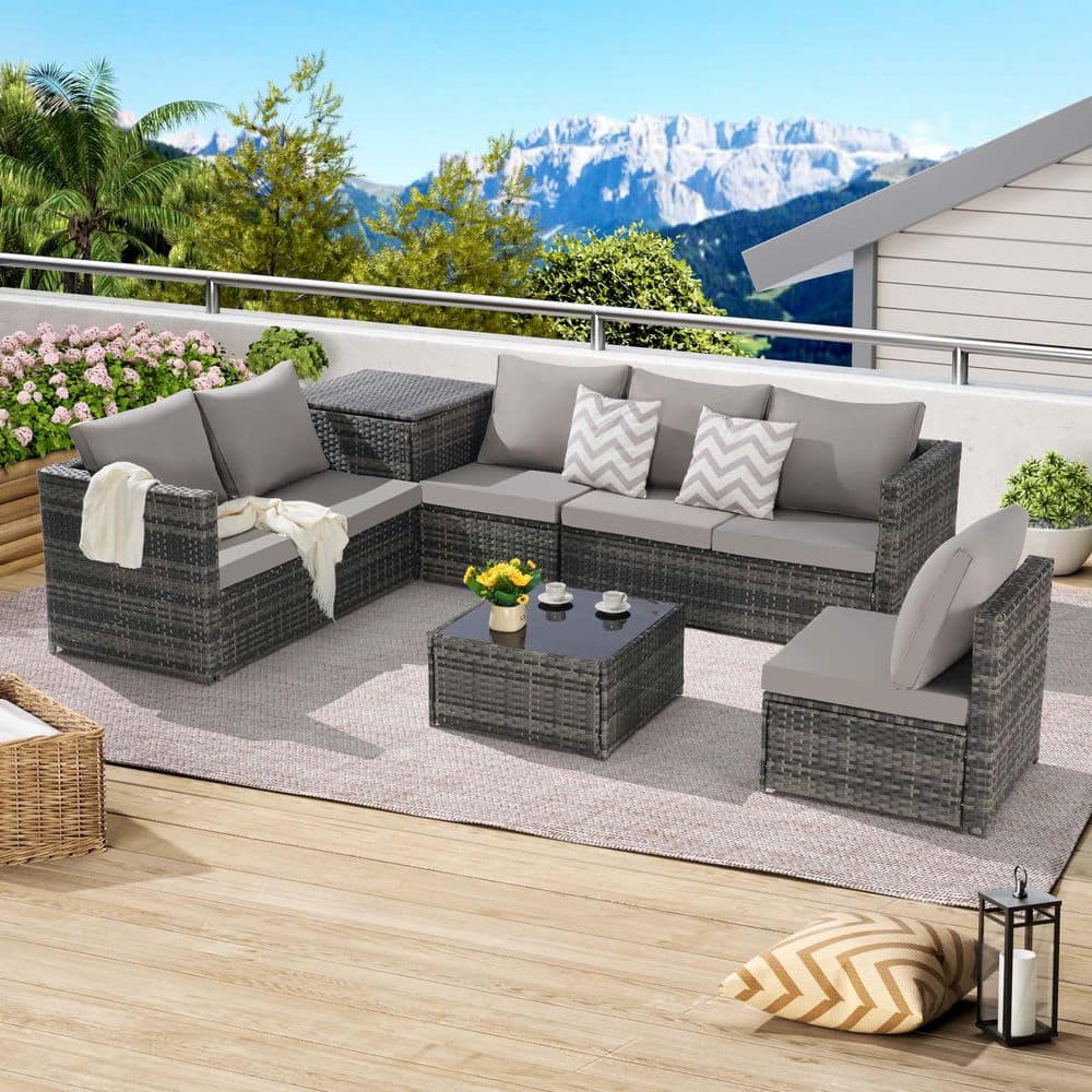 6-Piece Wicker Patio Conversation Set with Light Gray Cushions, Outdoor Sec