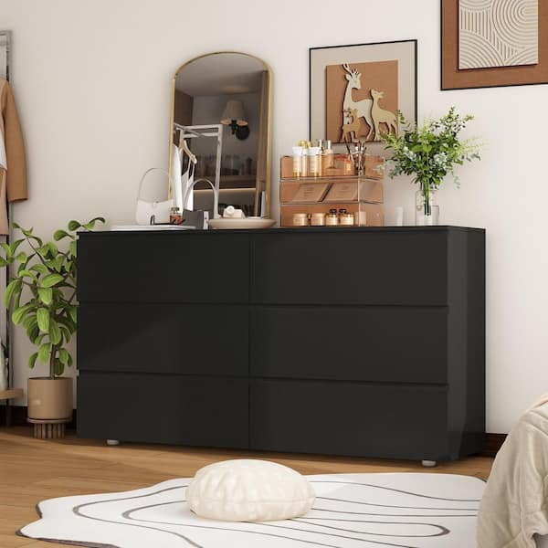FUFU&GAGA Black 6-Drawers 59 in. W Wooden Chest of Drawers, Dresser, Storage Sideboard without Mirror