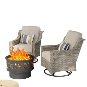 Eureka Gray 3-Piece Wicker Patio Conversation Swivel Chair Set with a Wood-Burning Fire Pit and Beige Cushions