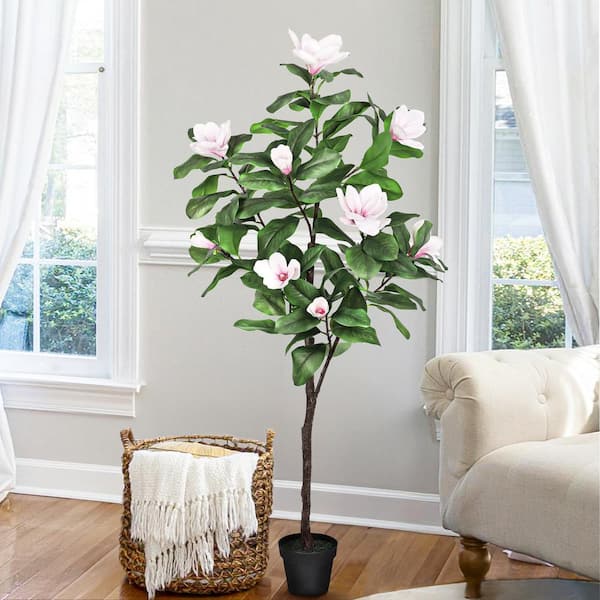 5 ft. Real Touch Pink White Artificial Magnolia Flower Tree in Black Pot