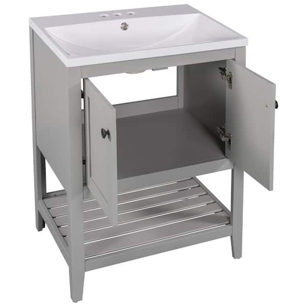 Dimakai 24in. Bathroom Vanity 24in. W x 18in. D x 33.6in. H Single Sink Open Shelf Bath Vanity in Gray with White Ceramic Top