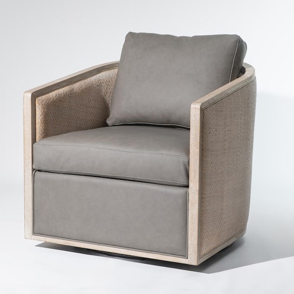 KINWELL Gray Genuine Leather Cane Swivel Barrel Club Arm Chair