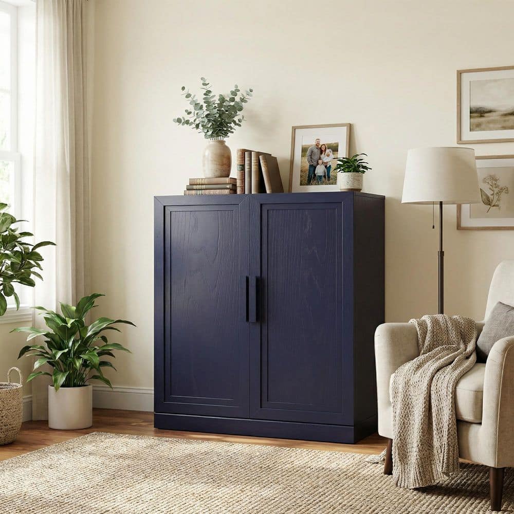 Navy Blue Wood 36 in. H Storage Cabinet with Adjustable Shelves for Living Room Kitchen and Bedroom