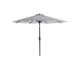 Sunshadow 9 ft. Market Tilt and Crank Table Patio Umbrella with Round Resin Base in Gray/White Stripe