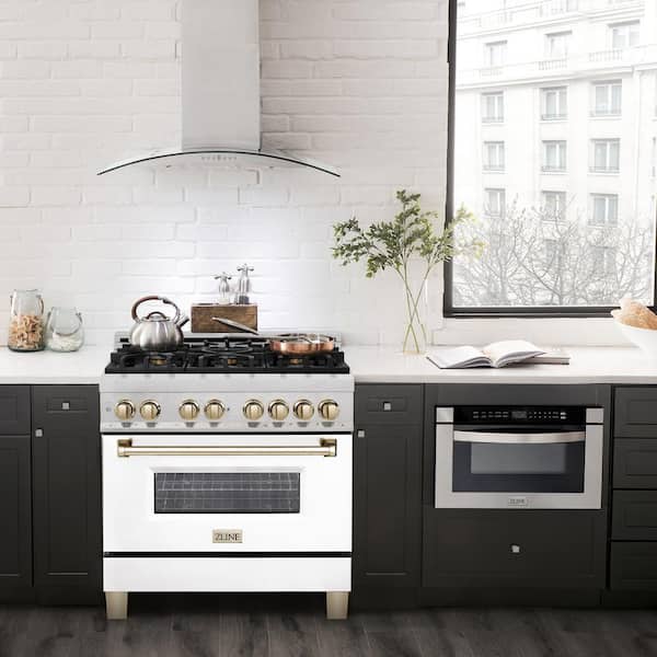 Autograph 36 in. Legacy Dual Fuel Range with 6 Burners and Electric Oven in Satin Steel with White and Gold Accents