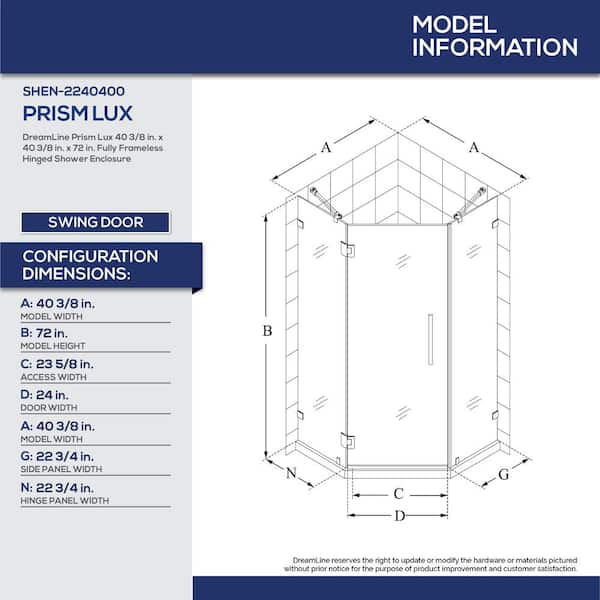 Prism Lux 40-3/8 in. x 40-3/8 in. x 72 in. Frameless Hinged Shower Enclosure in Chrome