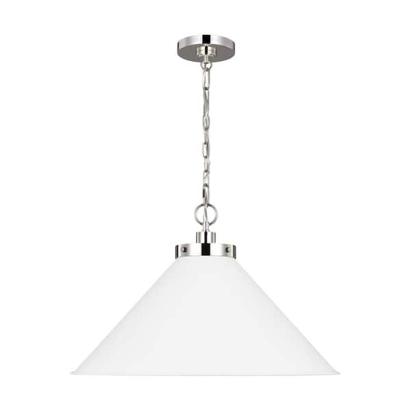Generation Lighting Wellfleet 23.5 in. W x 15.375 in. H 1-Light Matte White/Polished Nickel Wide Cone Pendant Light with Steel Shade