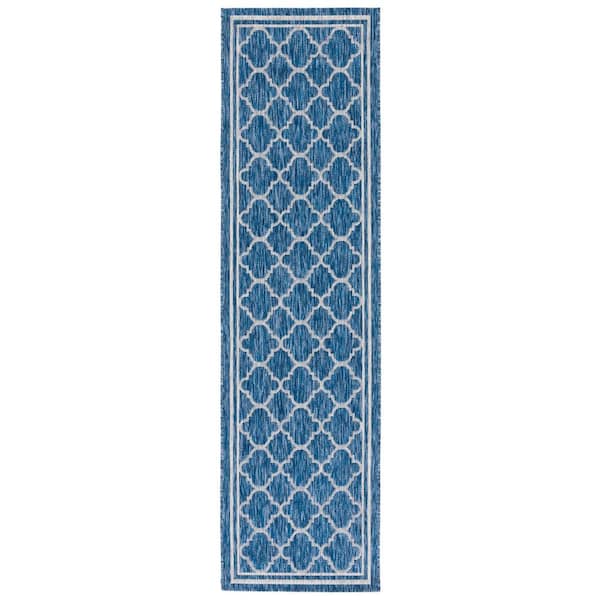 Courtyard Navy/Gray 2 ft. x 8 ft. Border Quatrefoil Indoor/Outdoor Runner Rug